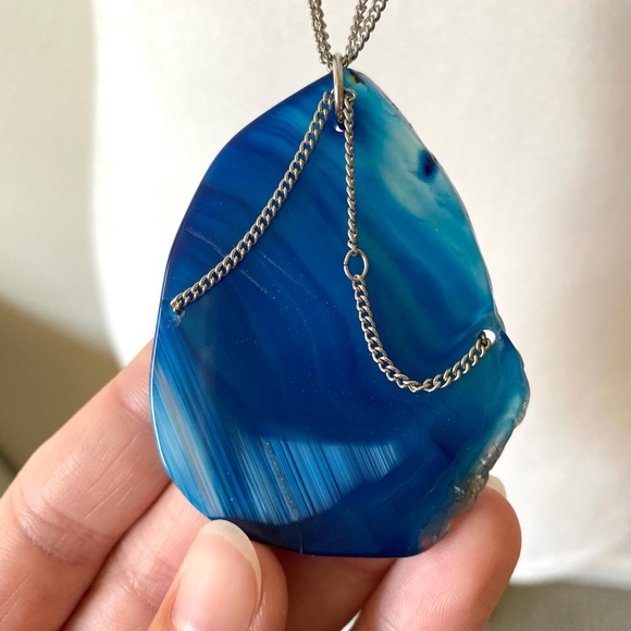 Boho Agate Long Chain Pendant Necklace, Blue - Picture 4 of 4